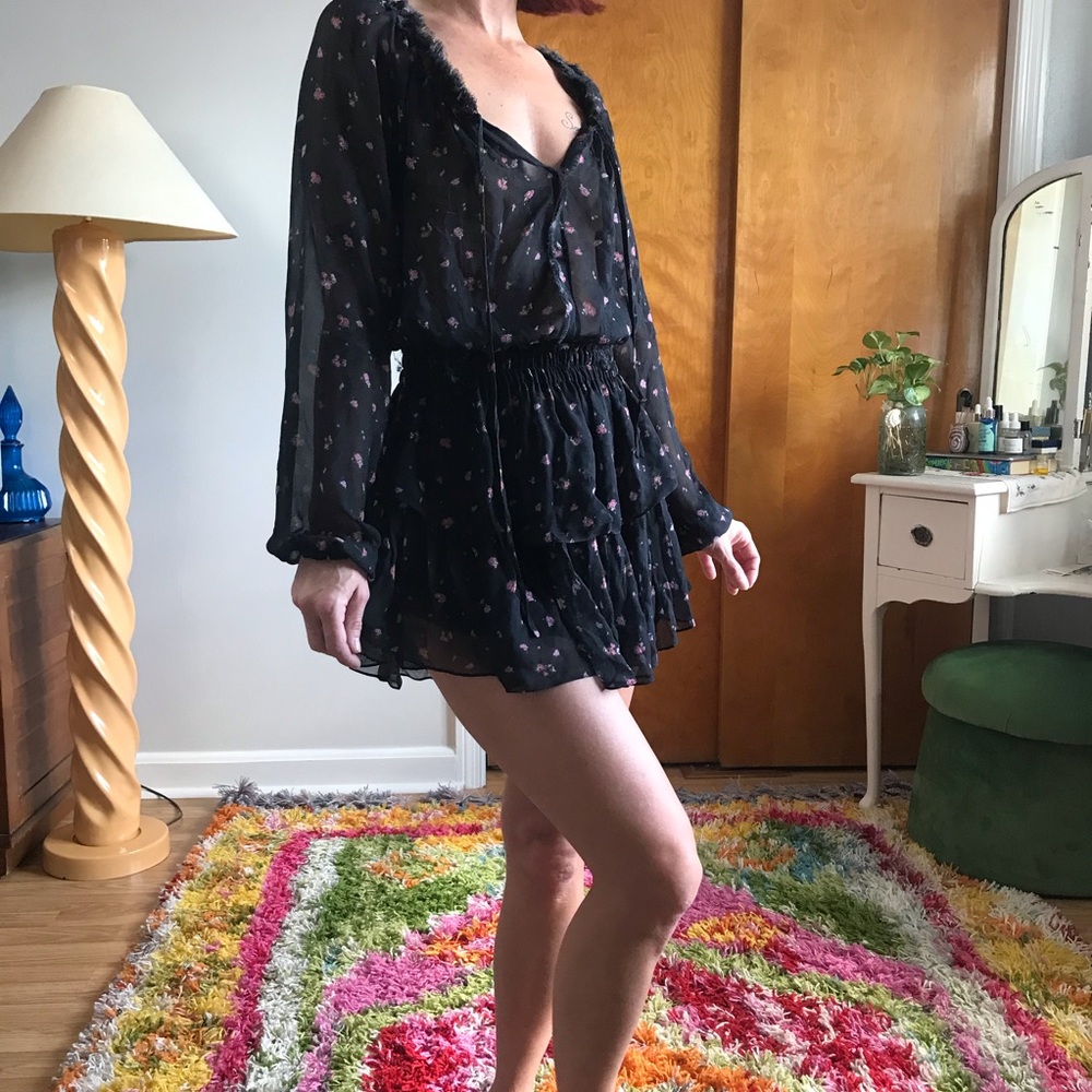 LoveShackFancy Black Silk Blend Sheer Printed Raw Hem Mini Long Sleeve Dress